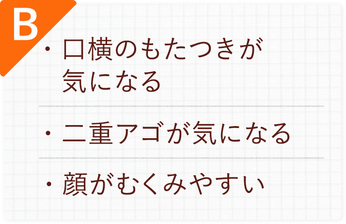 B.口横のもたつきが気になる/二重アゴが気になる/顔がむくみやすい