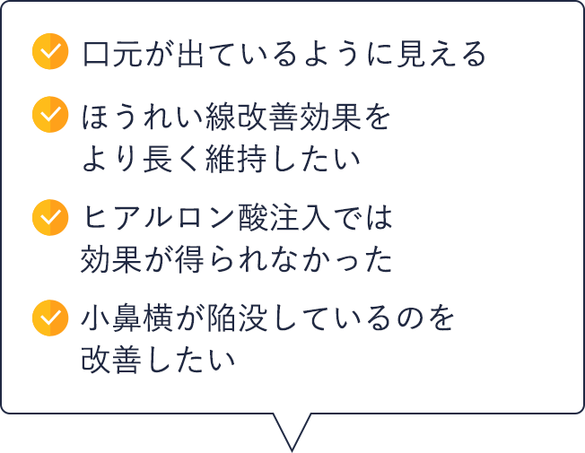 口元が出ているように見える|ほうれい線改善効果をより長く維持したい|ヒアルロン酸注入では効果が得られなかった|小鼻横が陥没しているのを改善したい