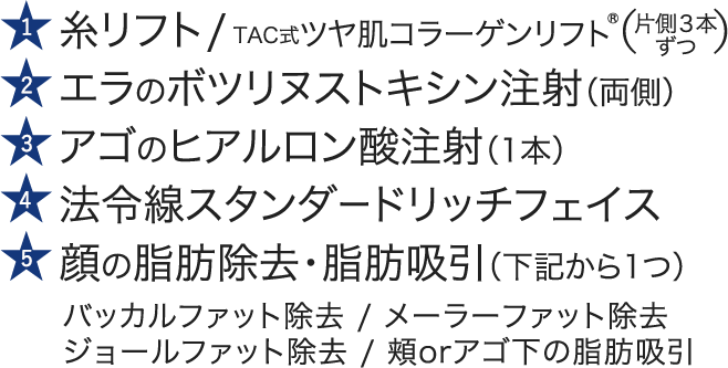 糸リフト / TAC式ツヤ肌コラーゲンリフト®｜エラのボツリヌストキシン注射（両側）｜アゴのヒアルロン酸注射（1本）｜法令線スタンダードリッチフェイス｜顔の脂肪除去・脂肪吸引（下記から1つ）