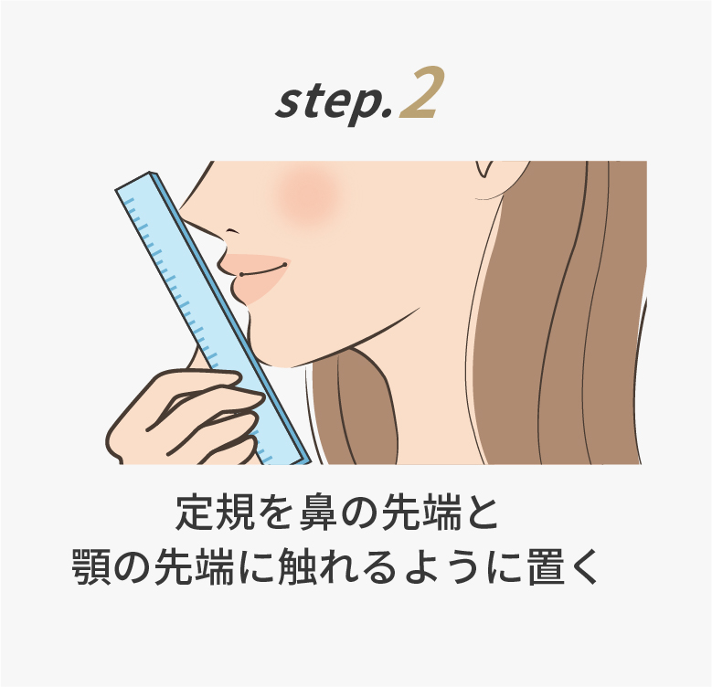 ②定規を鼻の先端と顎の先端に触れるように置く