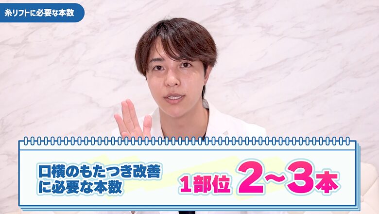 口横のもたつき改善には1部位につき2〜3本の糸が必要