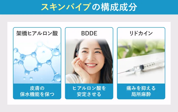 スキンバイブの構成成分（架橋ヒアルロン酸・BDDE・リドカイン）とそれぞれの役割を示した図解