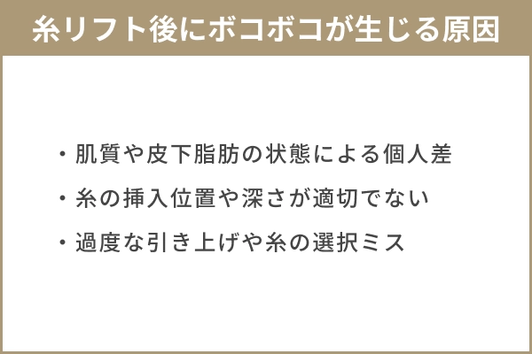 糸リフト後にボコボコが生じる原因を3つ挙げた図